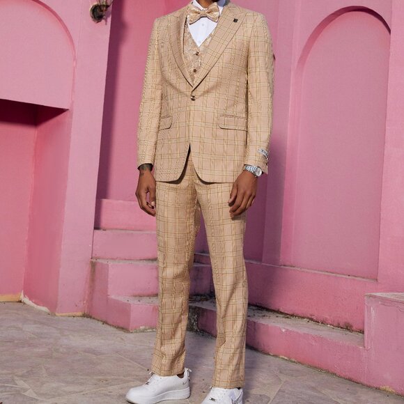 Orange Glen Plaid Peak Lapel 3 Piece Stacy Adams Men's Suit - Picture 5 of 6